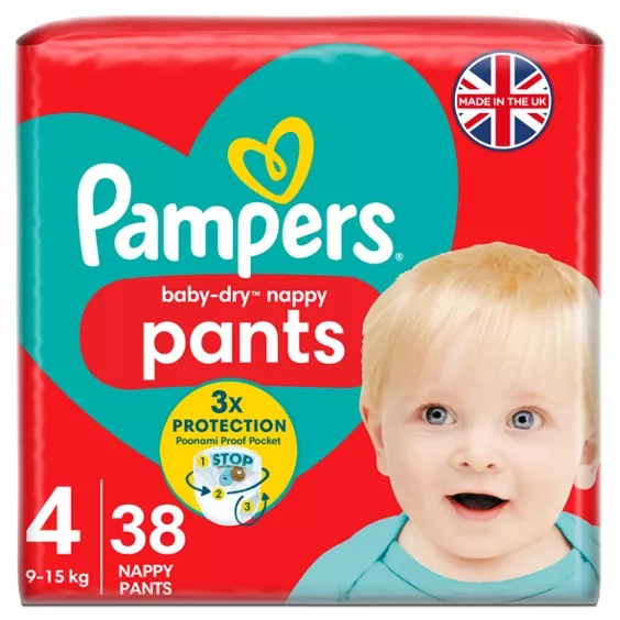 Package of Pampers Baby-Dry nappy pants, size 4 (9-15kg).