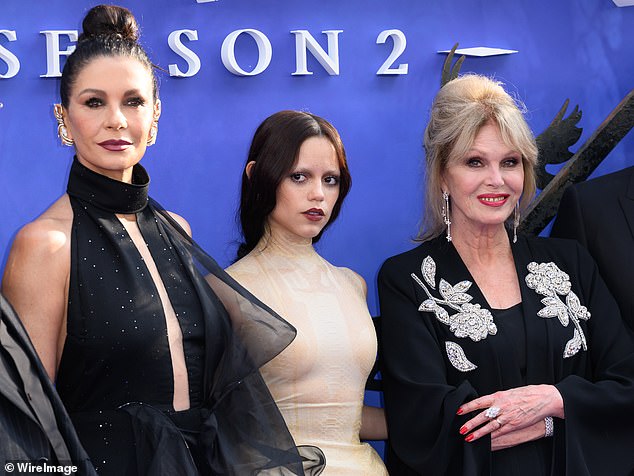 Pictured (L-R): Catherine Zeta-Jones, Jenna Ortega and Joanna Lumley attend the Wednesday Season 2, Part 1 Global Premiere at Central Hall, Westminster on July 30, 2025 in London