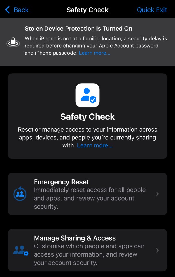Screenshot of iPhone Safety Check settings showing options for stolen device protection, managing access, emergency reset, and managing sharing and access.