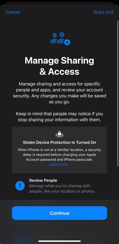iPhone screen showing options to manage account sharing and access.