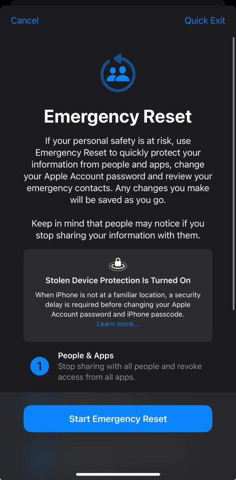 iPhone Emergency Reset screen showing options to quickly protect personal information.