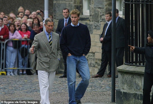 William and then Prince Charles greet crowds on arrival at St Andrews University