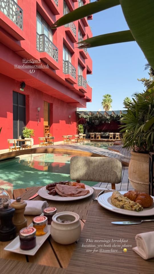 Breakfast at a Marrakech hotel with a pool.