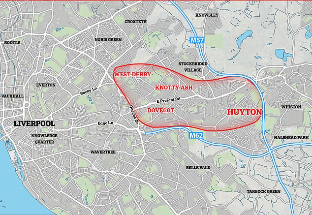 Although in the borough of Knowsley, crime gangs from Huyton consider neighbouring Liverpool postcodes such as Dovecot, Knotty Ash and West Derby as part of their turf