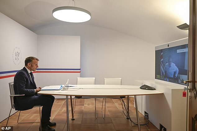 French President Emmanuel Macron attends a video conference this afternoon with Prime Minister Sir Keir Starmer at the Fort de Bregancon in Bormes-les-Mimosas, southern France
