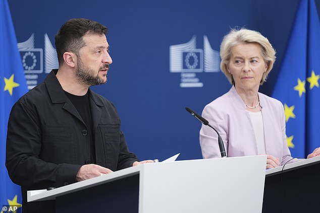 Ukraine President Volodymyr Zelensky speaks at the EU headquarters in Brussels today