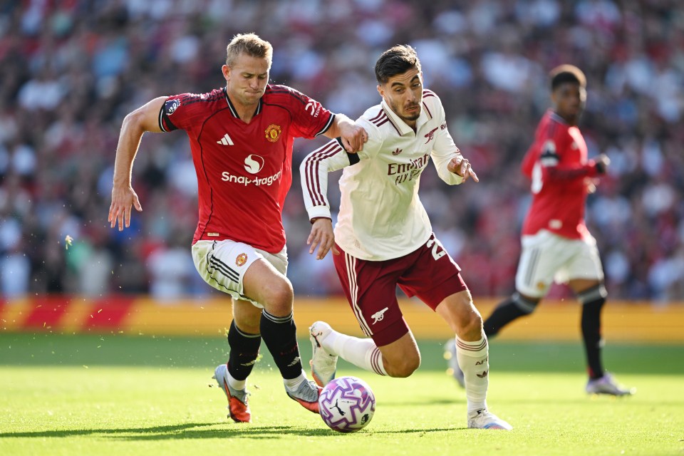 Kai Havertz of Arsenal challenged by Matthijs de Ligt of Manchester United during a Premier League match.