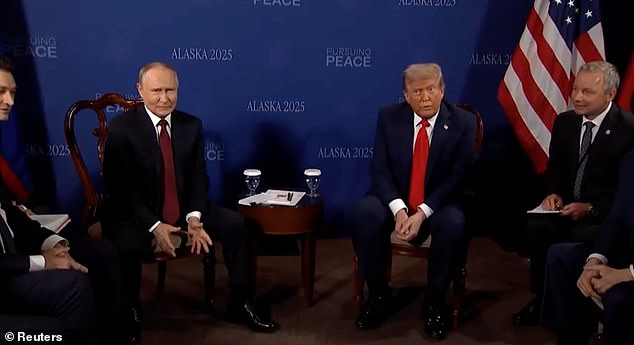 He then appeared to put his hands to his mouth and say something inaudible in response before making another face of confusion as another journalist queried: 'President Putin, why should President Trump trust your word now?'