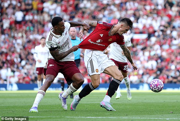Gabriel Magalhaes (left) had his hands full when Benjamin Sesko came on off the bench