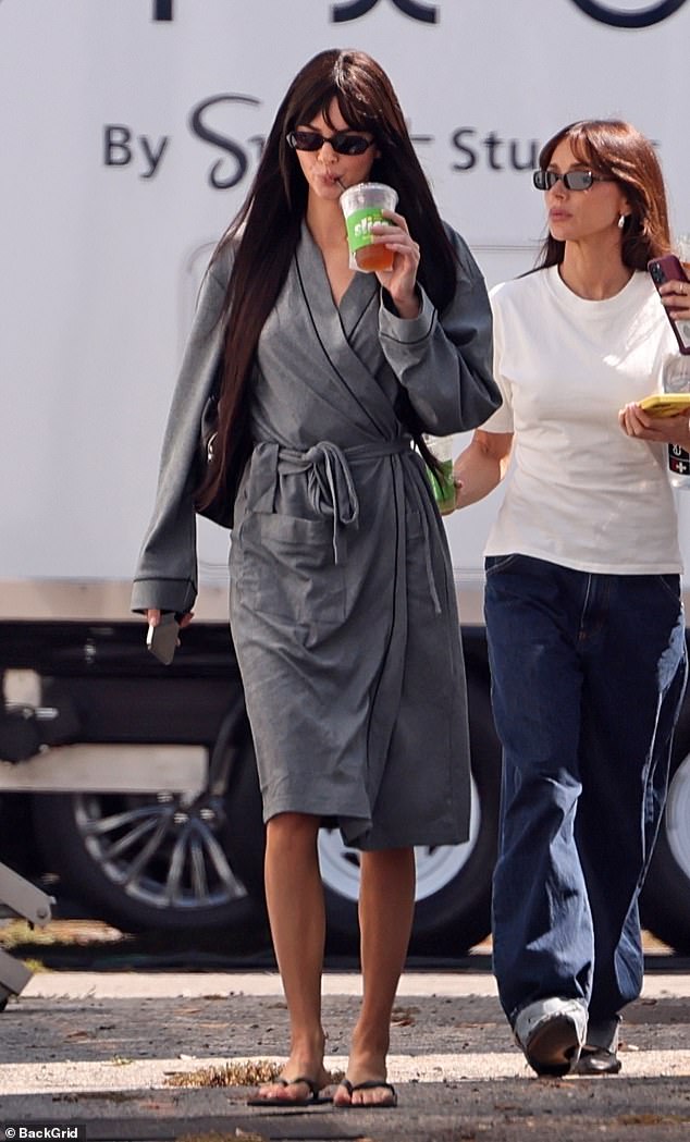 In addition to the bone-straight brunette wig, the Keeping Up with the Kardashians alum wore narrow, black sunglasses