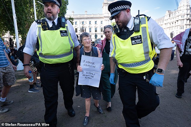A supporter of Palestine Action pictured being detained by police after taking part in a mass action in Parliament Square