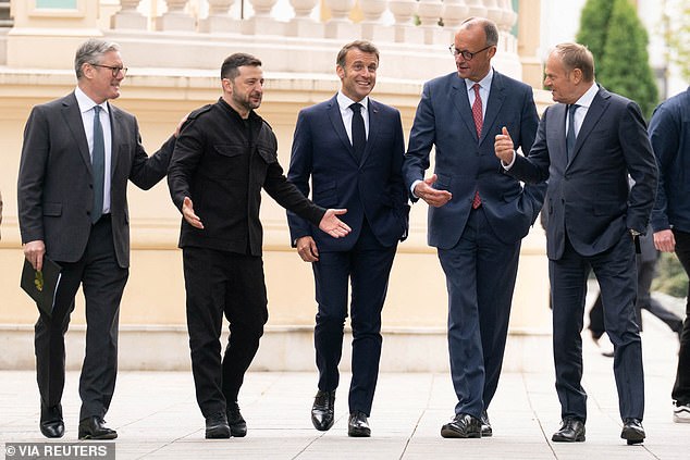 Pictured: Sir Keir Starmer, Zelensky, Emmanuel Macron, Germany’s Friedrich Merz and Poland’s Donald Tusk in Kyiv in May