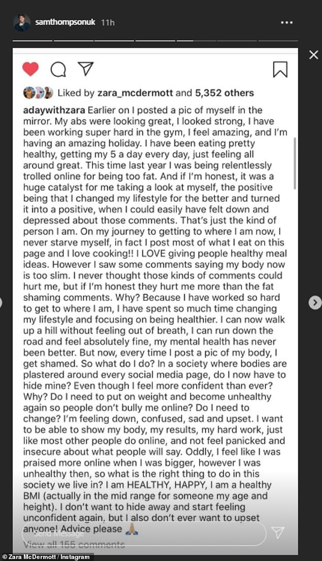 Both her personal and health pages were predominantly focused on scantily-clad images which meant she fell victim to trolls - who branded her overweight the previous year, before later criticising her slimmed-down frame
