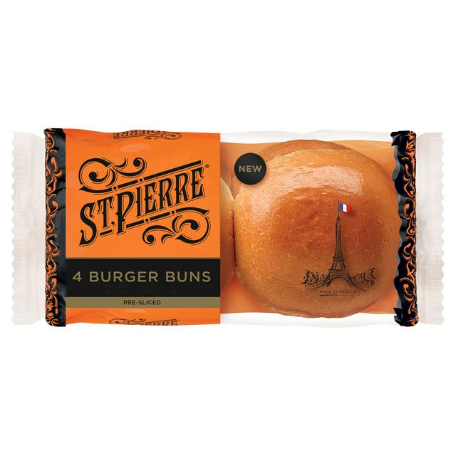 Package of four pre-sliced St. Pierre burger buns.