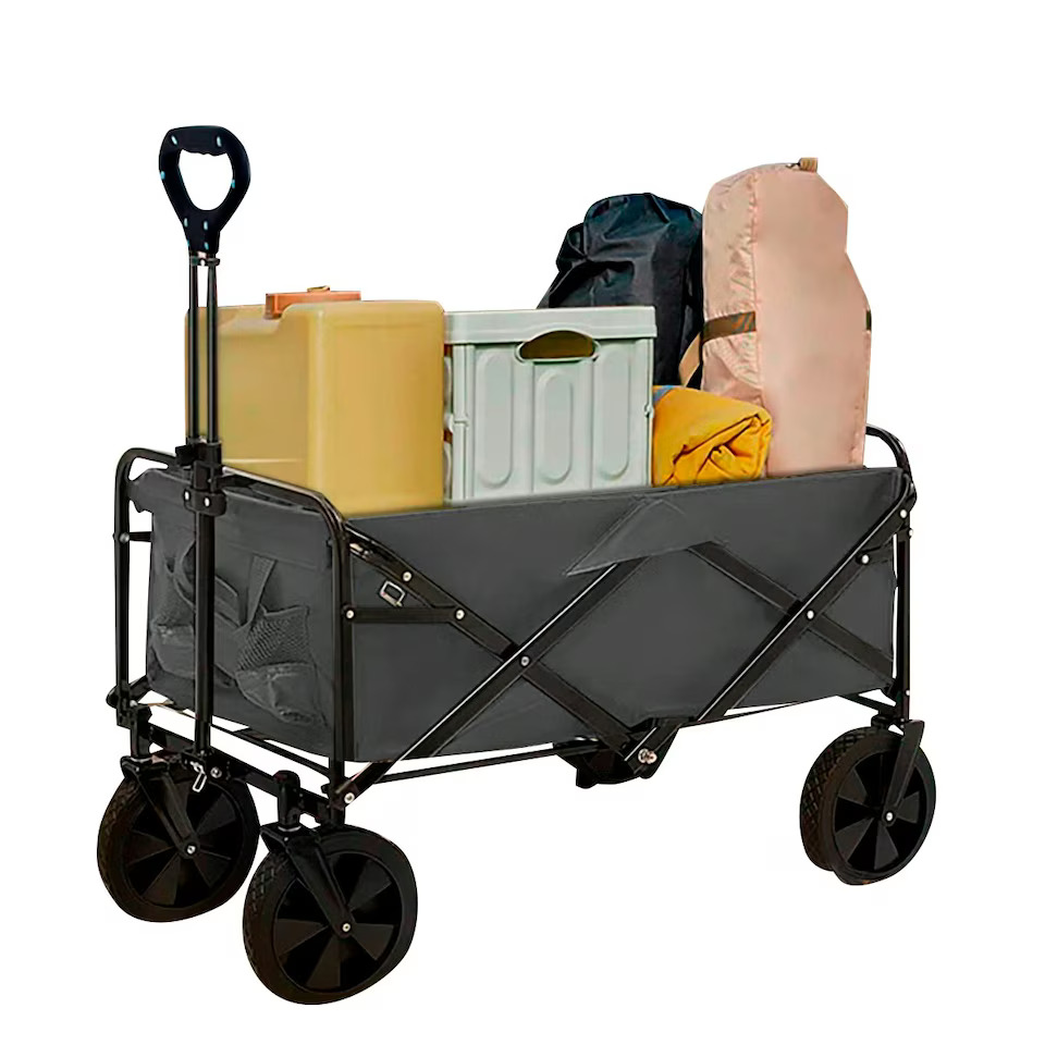 Folding wagon loaded with camping gear.