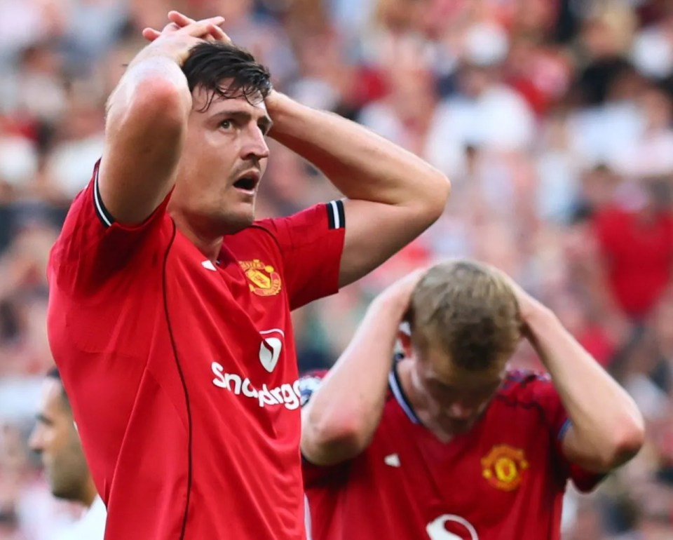 Harry Maguire of Manchester United looks dejected after missing a goal.