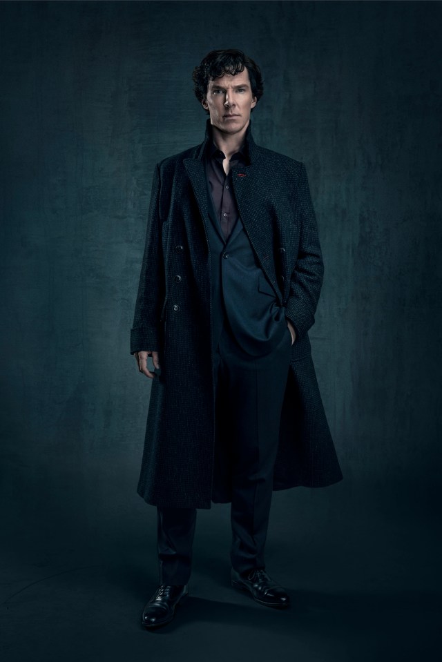 Benedict Cumberbatch as Sherlock Holmes in a dark coat.