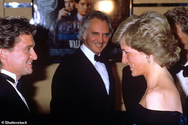 Michael Douglas, Terence Stamp and Princess Diana at the Wall Street premiere in 1988