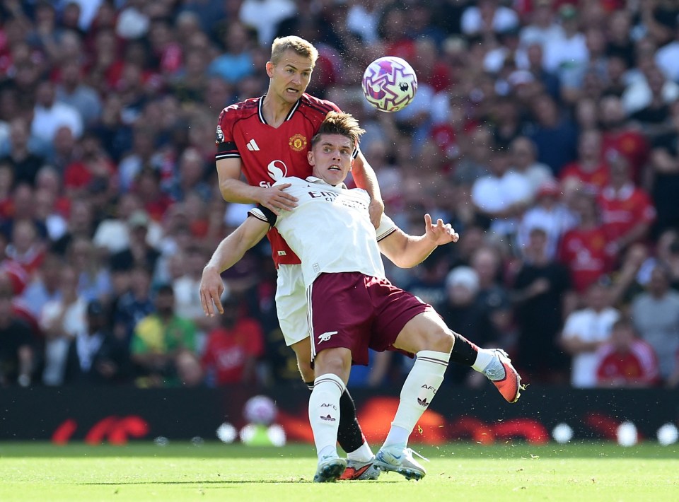 Manchester United's Matthijs de Ligt and Arsenal's Viktor Gyokeres vying for the ball.