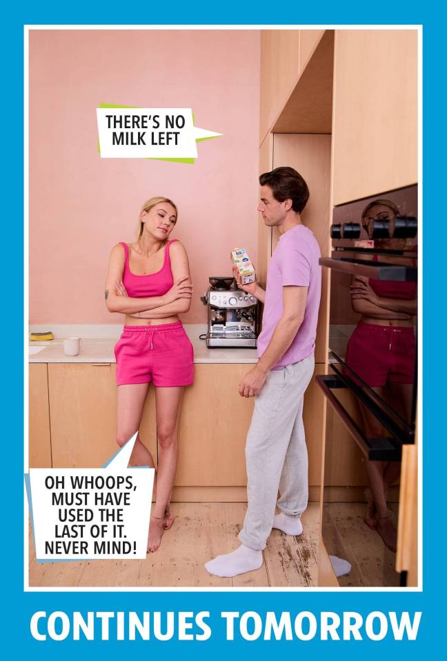 Illustration of a couple in a kitchen; one person is upset because there is no milk left.