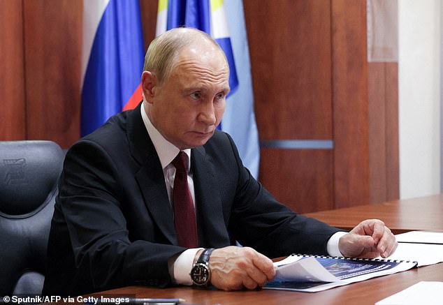 Putin has to keep going, ignoring the screams from the engine, mowing down anyone in his path. He is pictured on August 16