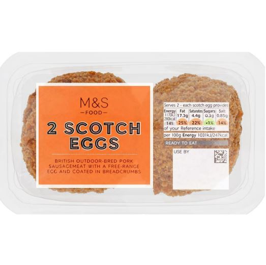 Package of two M&S Scotch eggs.