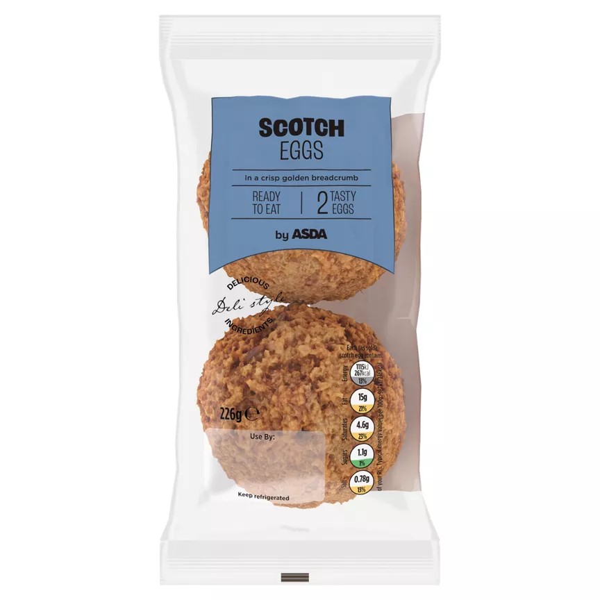 Package of two Asda Scotch eggs.