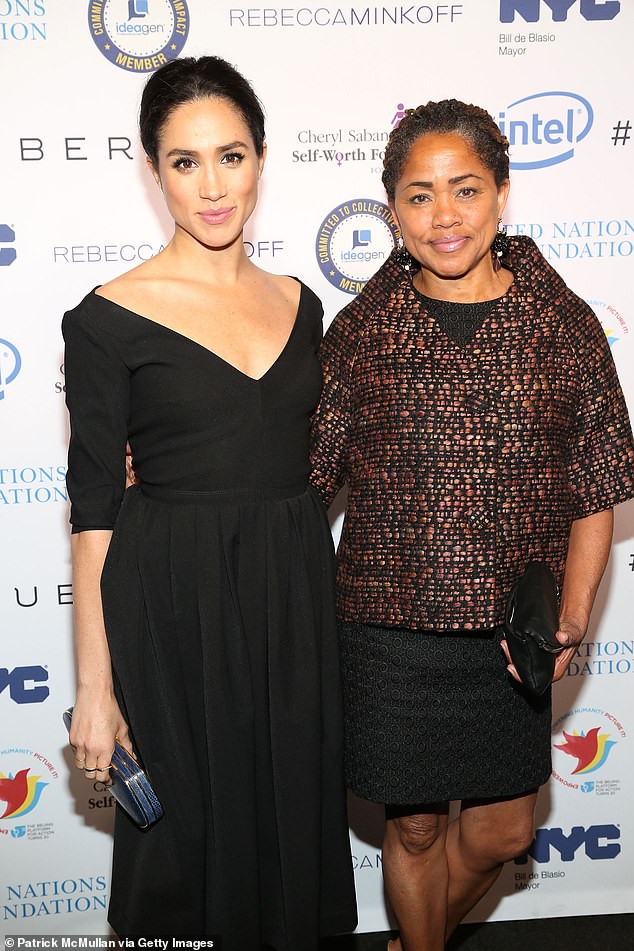 Meghan with her mother, Dorian Ragland, at a UN women's event in March 2015. Instead of her time as a model, a section headed 'humanitarian work' was added to her Wikipedia page in its place which referenced her speech for the United Nations