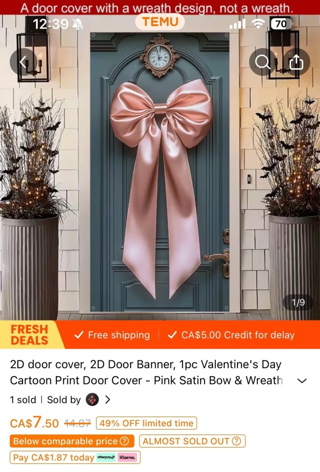 Image of a pink satin bow door decoration on a dark gray door.