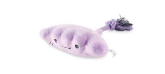 Purple plush dumpling dog toy with rope tail.