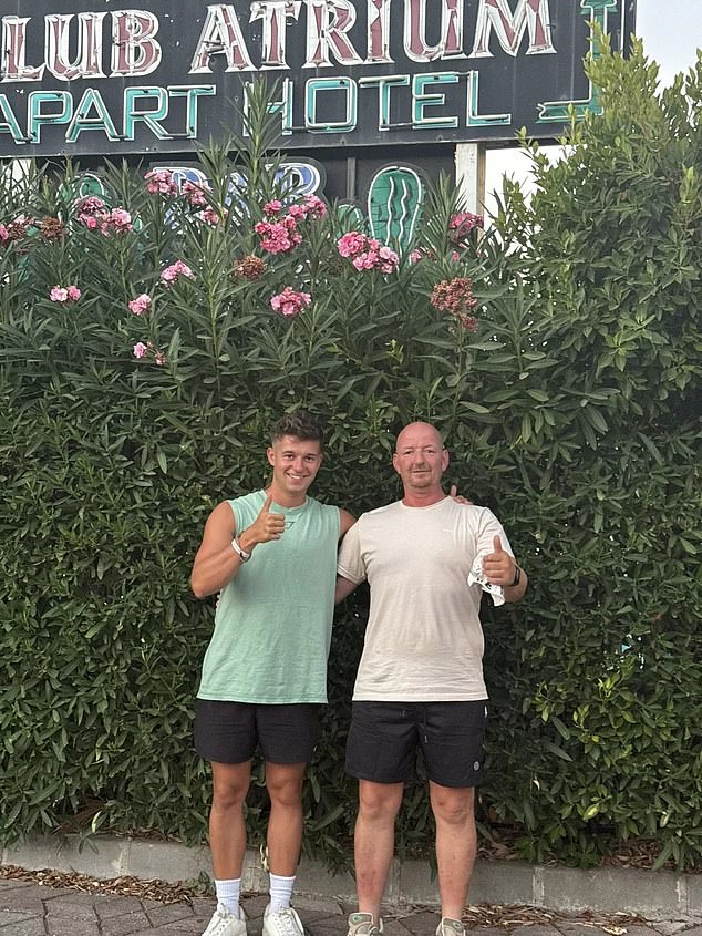 John Nelson and son Josh outside a hotel in Marmaris, Turkey