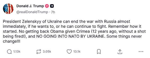 Mr Trump ratcheted up tensions ahead of Monday's talks by claiming Mr Zelensky 'can end the war with Russia almost immediately, if he wants to'