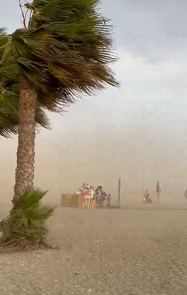 Several tourists had been sunbathing on the beach when the storm hit, causing sand to swirl around them in the hurricane-force winds