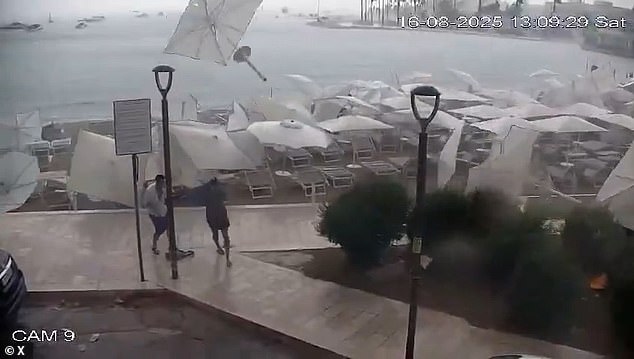 In Italy, spooked tourists ran for cover from uprooted beach umbrellas during a violent storm, which also sent deckchairs and sunbeds flying above their heads