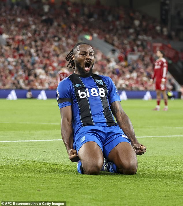 Semenyo celebrates after scoring a goal to make it 2-2 during the Premier League match