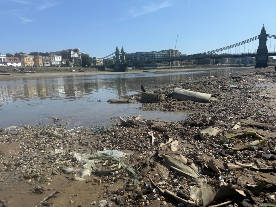 Riverbank littered with trash and shells near a bridge.