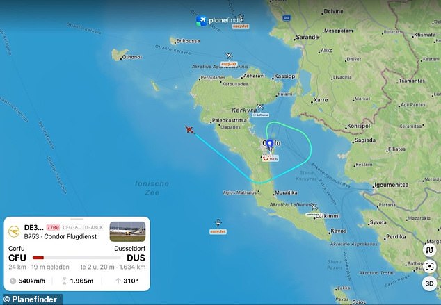Corfu Airport had been placed on red alert at the time, when the plane turned back on itself