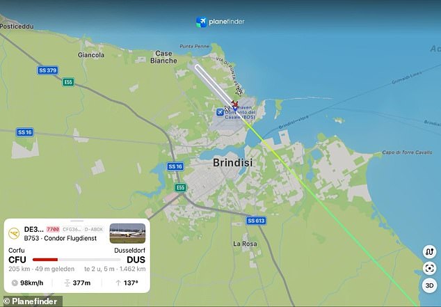 The aircraft then moved at an altitude of eight thousand feet and landed at Brindisi airport, Italy, across from Corfu