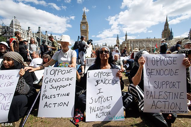 In Westminster the Prime Minister's official spokesman would not comment specifically on the author's comments (Pictured: Supporters of Palestine Action)