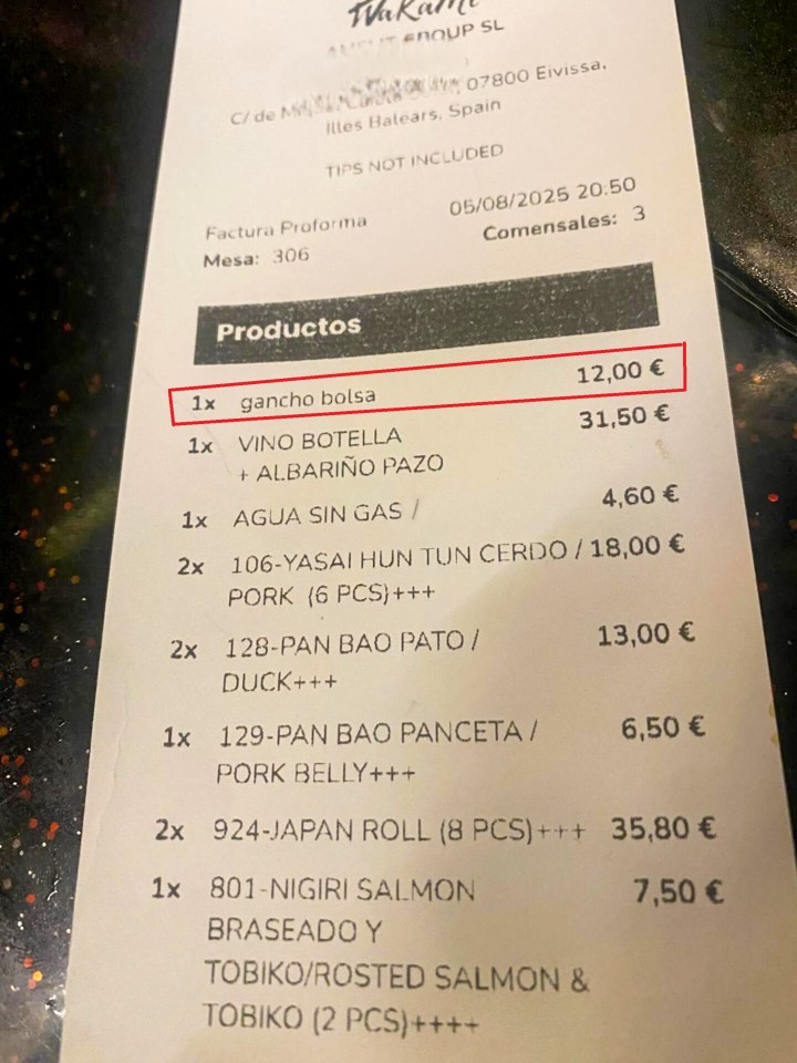 Restaurant bill detailing food and drink items with prices.