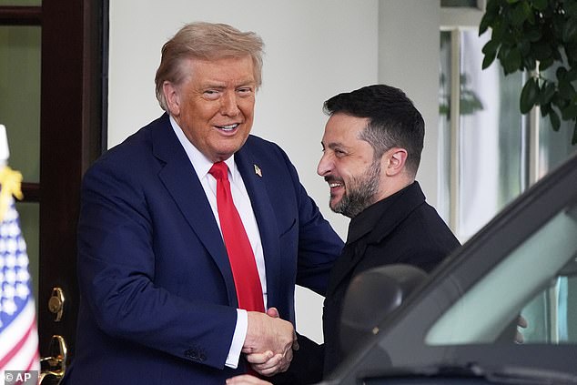 The two leaders shake hands and share a smile as Zelensky arrives at the White House