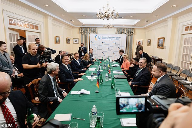 NATO Secretary general Mark Rutte, Finland's President Alexander Stubb, Italian Prime Minister Giorgia Meloni, EU Commission President Ursula von der Leyen and British Prime Minister Keir Starmer during a meeting with Ukrainian President Volodymyr Zelensky at the Ukrainian Embassy in Washington DC