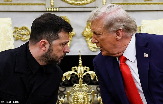 Zelenksy and Trump appear deep in conversation during their meeting this afternoon