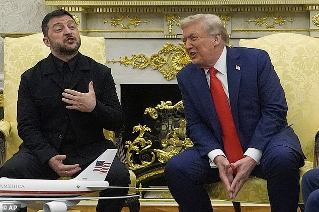 Trump and Zelenksy are seen laughing during the meeting today