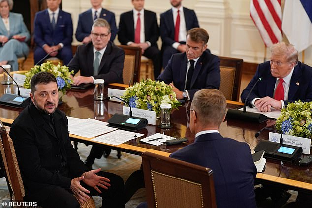 Ukrainian President Volodymyr Zelensky (left) speaks to the press at the top of a meeting in the East Room Monday hosted by President Donald Trump (right) and attended by European leaders including British Prime Minister Keir Starmer (left) and French President Emmanuel Macron (center)