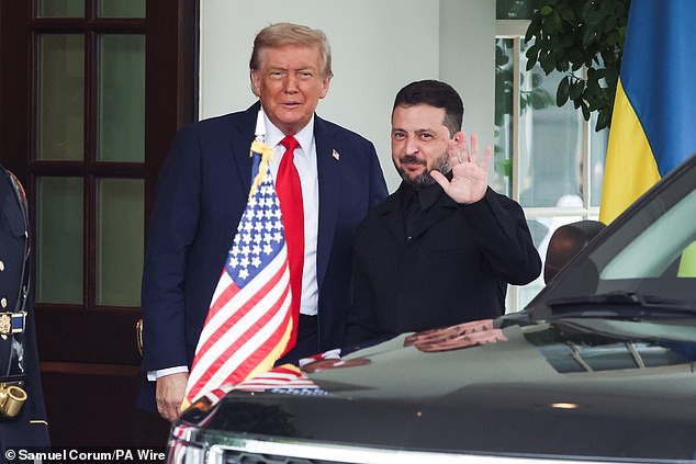 President Donald Trump (left) stepped outside the West Wing to welcome Ukrainian President Volodymyr Zelensky (right) three days after meeting with Russian President Vladimir Putin in Anchorage, Alaska