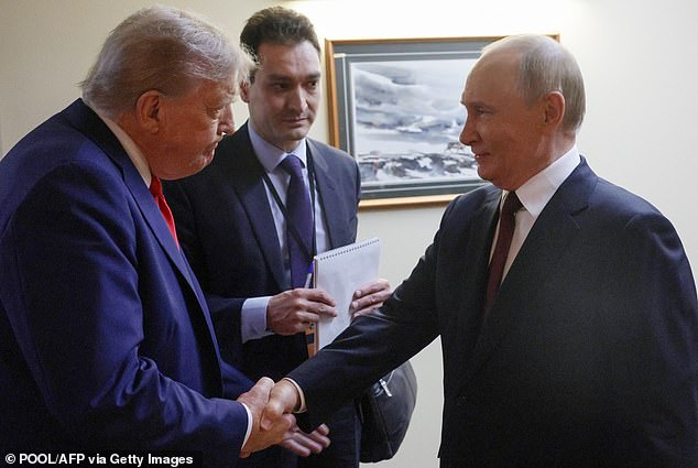 President Donald Trump (left) shakes the hand of Russian President Vladimir Putin (right) at the conclusion of their meetings in Anchorage, Alaska on Friday. Directly after the meeting, Trump pushed Zelensky to make a deal with Putin to conclude the war