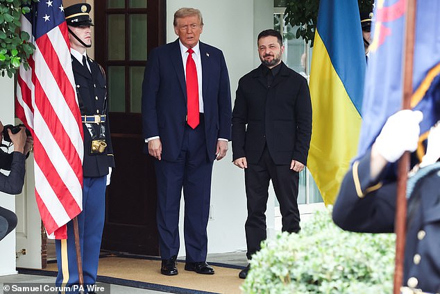 President Donald Trump (left) welcomes Ukrainian President Volodymyr Zelensky to the West Wing of the White House in Washington