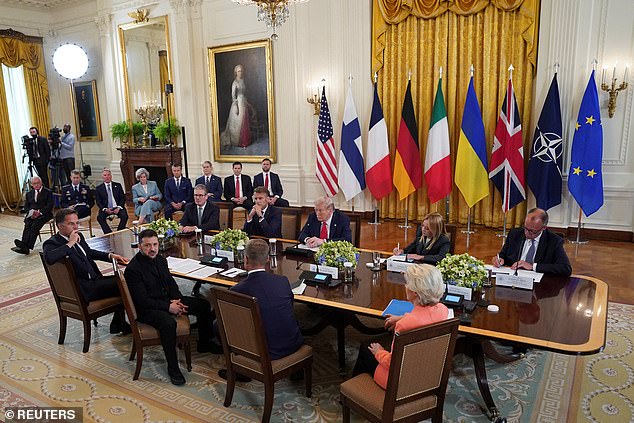 President Donald Trump hosted (from left) NATO Secretary General Mark Rutte, Ukrainian President Volodymyr Zelensky, British Prime Minister Keir Starmer, French President Emmanuel Macron, Finnish President Alexander Stubb, European Commission President Ursula von der Leyen, Italian Prime Minister Giorgia Meloni and German Chancellor Friedrich Merz in the East Room on Monday