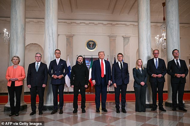 President Donald Trump (center) hosted (from left) European Commission President Ursula von der Leyen, British Prime Minister Keir Starmer, Finnish President Alexander Stubb, Ukrainian President Volodymyr Zelensky, French President Emmanuel Macron, Italian Prime Minister Giorgia Meloni, German Chancellor Friedrich Merz and NATO Secretary-General Mark Rutte
